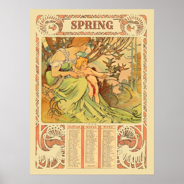 Konstnärs Art Nouveau Vårkalender av Mucha från de Poster (Framsidan)