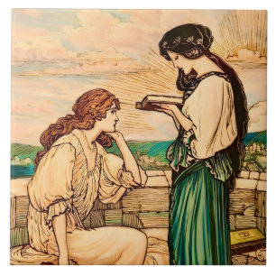 Konstnärs stil Art Nouveau Kvinnor som läser vid h Kakelplatta