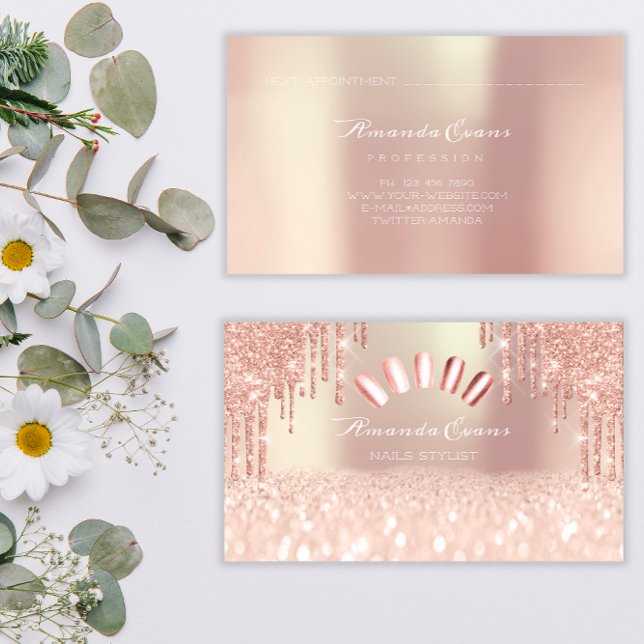 Konstnärsdrivrutiner i Spark Glitter Ro Guld Nagel Tidsbeställning Kort (Spark Glitter Rose Gold Nails Artist Drips Appointment Card)