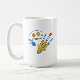 Konstnärsfärgpalett och penslar kaffemugg