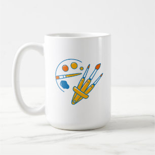 Konstnärsfärgpalett och penslar kaffemugg