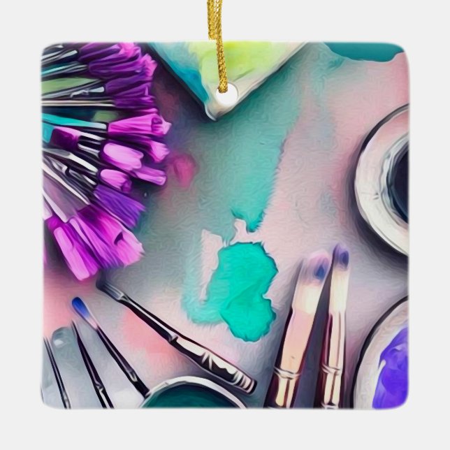 Konstnärspenslar med vattenfärg julgransprydnad keramik (Framsida)