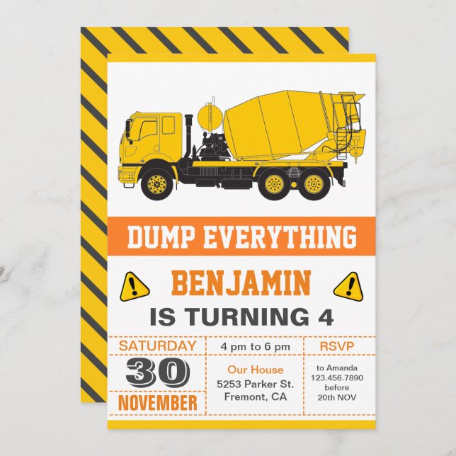 Konstruktion av betongblandare Barns födelsedag Pa Inbjudningar (Fram/baksida)