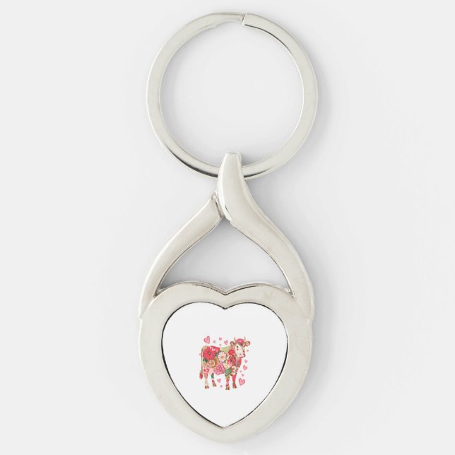 Konstruktion av blommigt, Cute Cow Twisted Heart Silverfärgad Nyckelring (Framsidan)