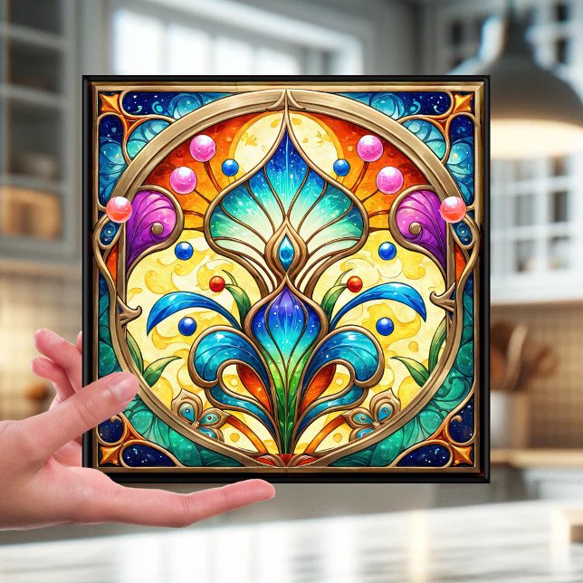 Konstruktion av keramiskt plattor av färgad Blommi Kakelplatta (Tile featuring a stained glass or leaded glass style design with a colorful art deco flower)