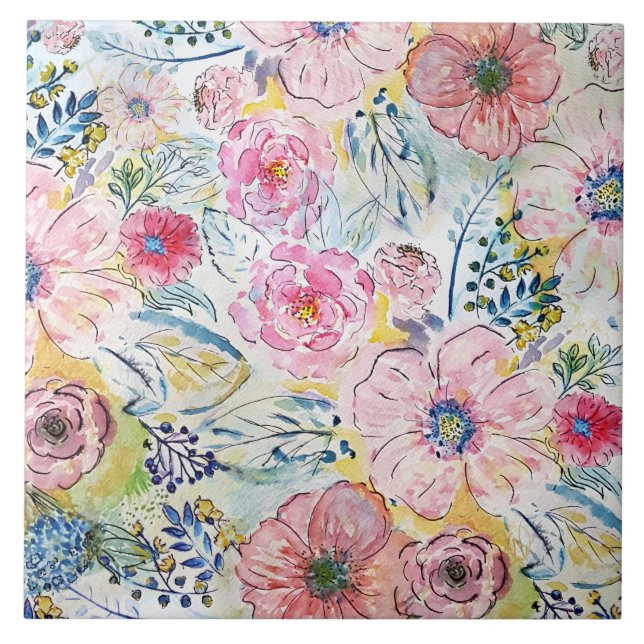 Konstruktion för blommigt av vattenfärgsfärg kakelplatta (Framsidan)