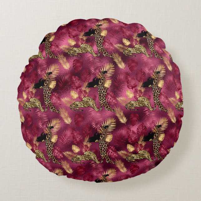Konstruktion för Burgundy- och Guld Leopard-serien Rund Kudde (Framsidan)