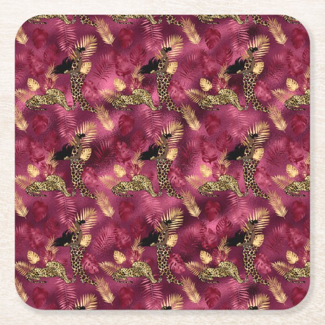 Konstruktion för Burgundy- och Guld Leopard-serien Underlägg Papper Kvadrat (Framsidan)