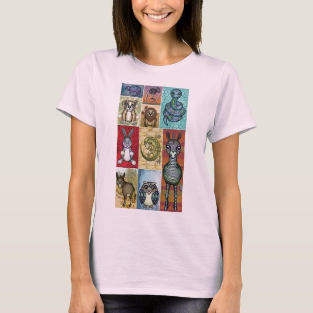 Konstruktion för Cute Animal Collage Folk Art T Shirt (Framsida)