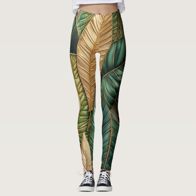 Konstruktion för Guld Grönt Tropical Lövs Leggings (Framsida)
