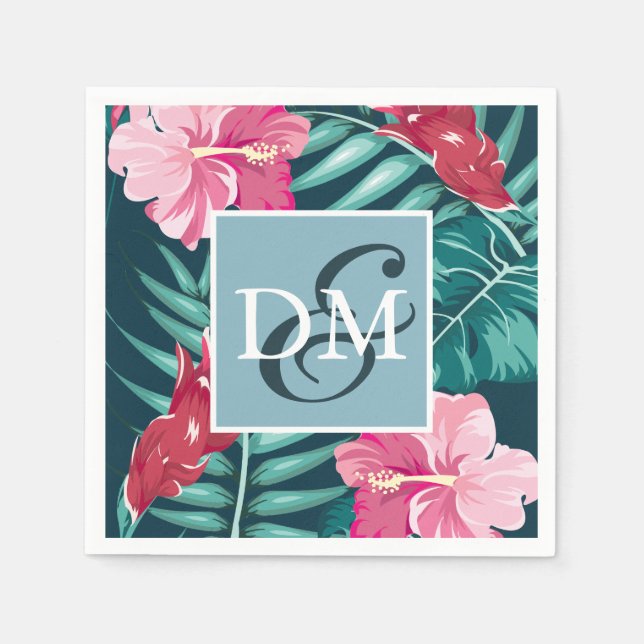 Konstruktion för sommarmonogram exotiska blommor pappersservett (Framsidan)