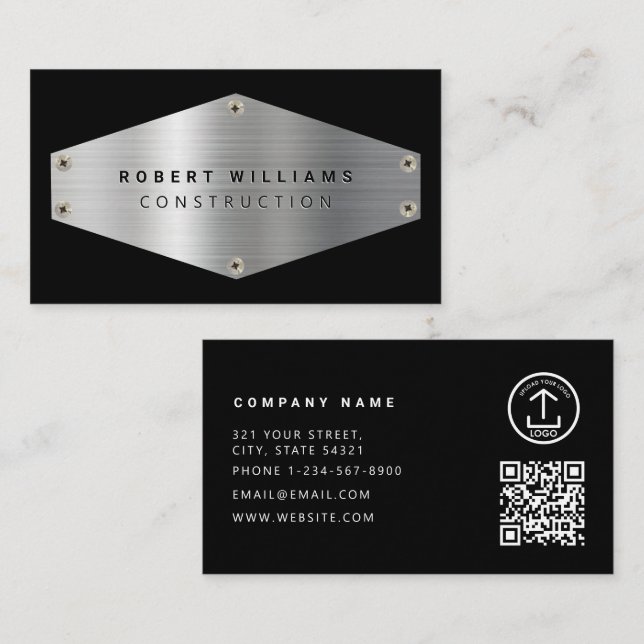 Konstruktion Metall QR-kod Svart Metallisk Silver Visitkort (Fram/baksida)