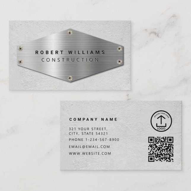 Konstruktions QR-kod Metallisk Silver Betong Visitkort (Fram/baksida)