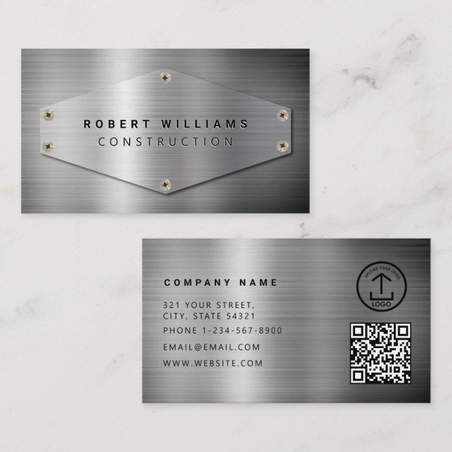 Konstruktions QR-kod Metallisk Silver Metall Visitkort (Fram/baksida)