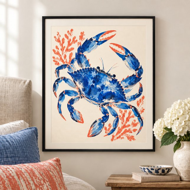 Konsttryck av blå krabbdansare poster (Styled display of Blue Crab Dancer Art Print. Frame, mat and furnishings shown for illustration; select framing options separately.)