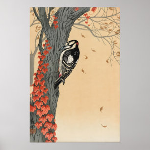 Konsttryck av japansk hackspett Ohara Koson Röd M Poster