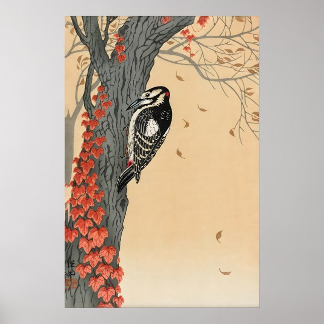Konsttryck av japansk hackspett  Ohara Koson Röd M Poster (Framsidan)