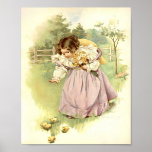 Konsttryck av Maud Humphrey Flicka med kycklingar Poster