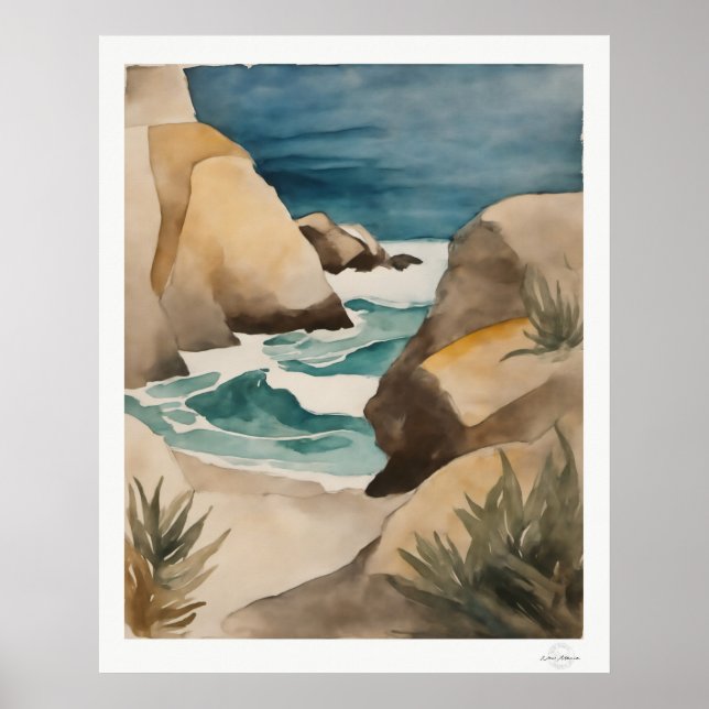 Konsttryck i akvarell av Rocky Cove, turkos pool Poster (Framsidan)