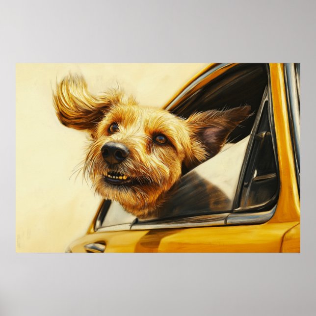 Konsttryck: Lekfull Hund som Njutit av Bilutflykt Poster (Framsidan)