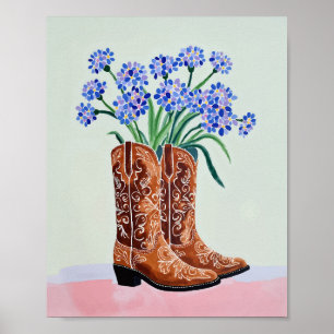 Konsttryck med cowboystövlar i blåklintsmålning poster