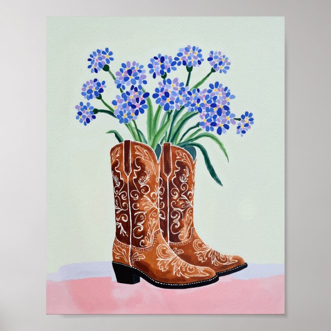 Konsttryck med cowboystövlar i blåklintsmålning poster (Framsidan)