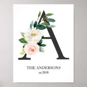 Konsttryck med monogram, bokstav A, bröllop, barnk Poster