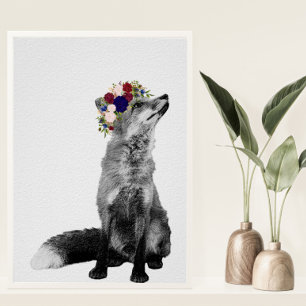 Konsttryck Räv Svart Vitt Blomkrona Poster