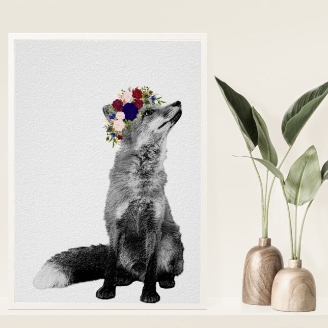 Konsttryck Räv Svart Vitt Blomsterkrona Poster (Skapare uppladdad)