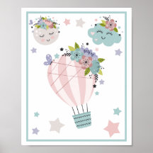 Konsttryck uppsättning med varmluftsballong, moln,