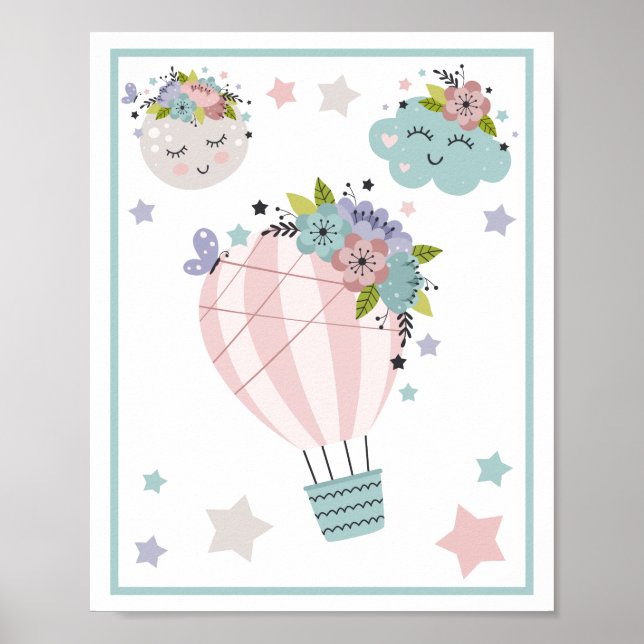 Konsttryck uppsättning med varmluftsballong, moln, poster (Framsidan)