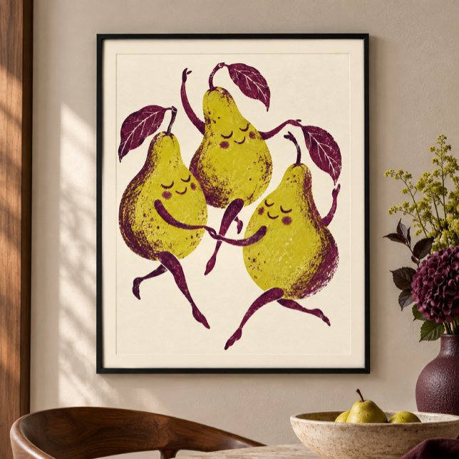 Konsttrycket Dansande Päron Poster (Styled display of The Dancing Pears Art Print. Frame, mat and furnishings shown for illustration; select framing options separately.)