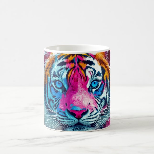 konstverk av en tiger med levande, neonfärgade päl kaffemugg (Center)