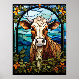 Konstverk i glasmosaik med ko, blommor och ram poster