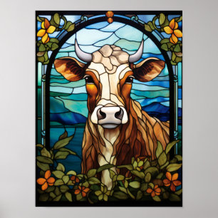 Konstverk i glasmosaik med ko, blommor och ram poster