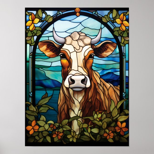 Konstverk i glasmosaik med ko, blommor och ram poster (Framsidan)