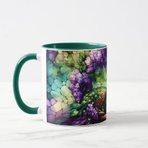 Konstverk med fönsterglas påfågel blomsterkrans mugg