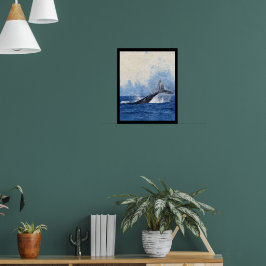 Konstverk med stjärt av blåval som stänker i havet poster