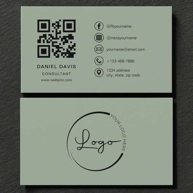 Konsult Sage Green Logotyp QR-kod  Visitkort (Skapare uppladdad)