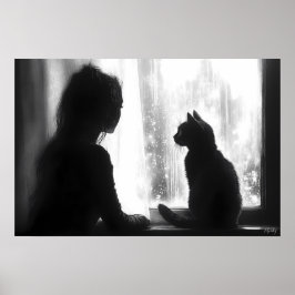 Kontemplativ kvinna med katt i regn vid fönstret poster
