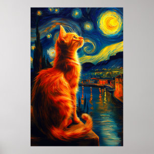 Kontemplativ röd katt Stjärnklar natthimmel Poster