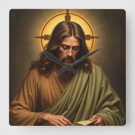 Kontemplös Jesus med en Halo Wall Clock Fyrkantig Klocka