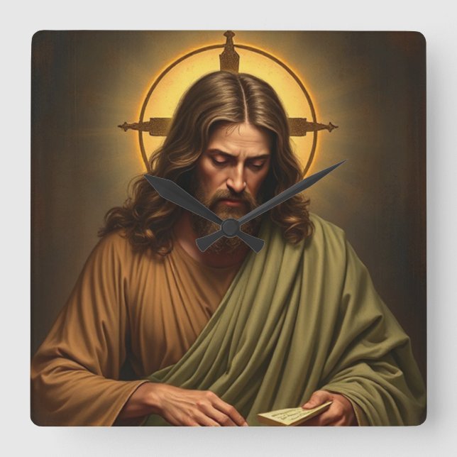 Kontemplös Jesus med en Halo Wall Clock Fyrkantig Klocka (Framsida)