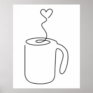 kontinuerlig linje teckning i hett kaffekassaucer poster