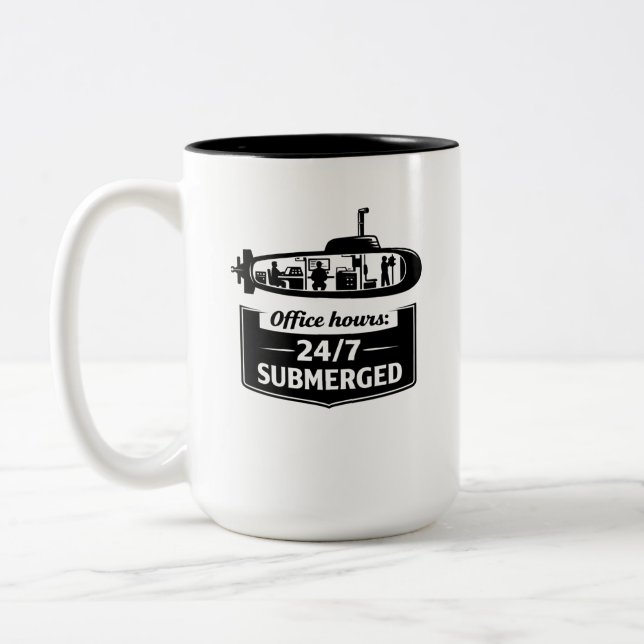 Kontorstid 24/7 Nedsänkt Ubåtshumor Två-Tonad Mugg (Vänster)