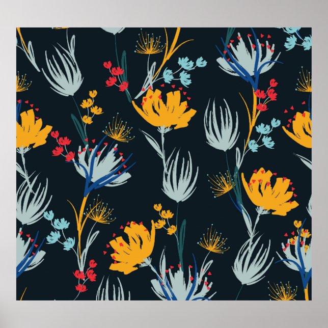 Kontrastpensel för Blommigt: Svart sömlös Poster (Framsidan)