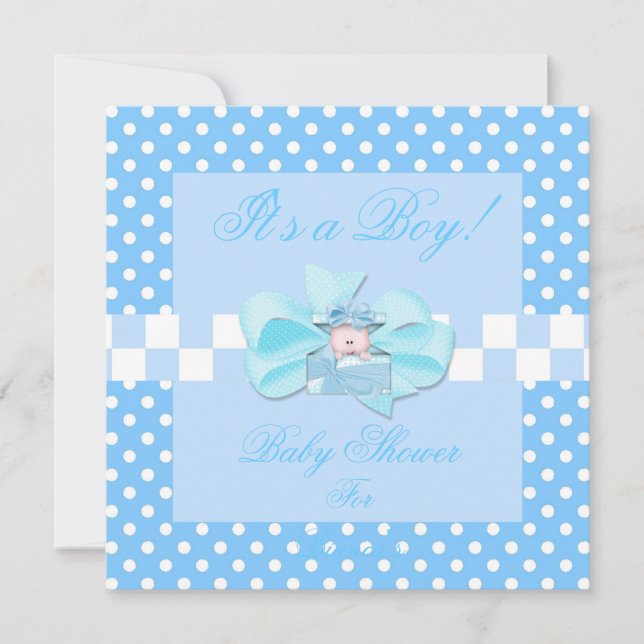 Kontroll av Baby blue vita Polka dots för babyskid Inbjudningar (Framsida)