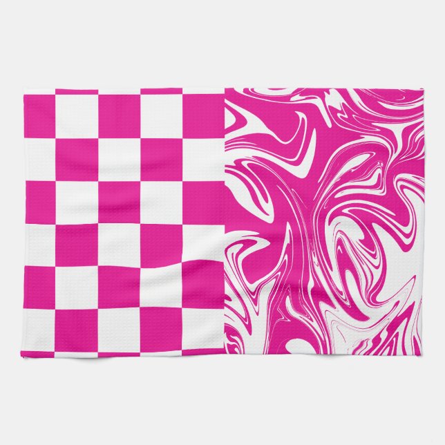 Kontroller och kontroller i Magenta och vitt Kökshandduk (Horisontell)