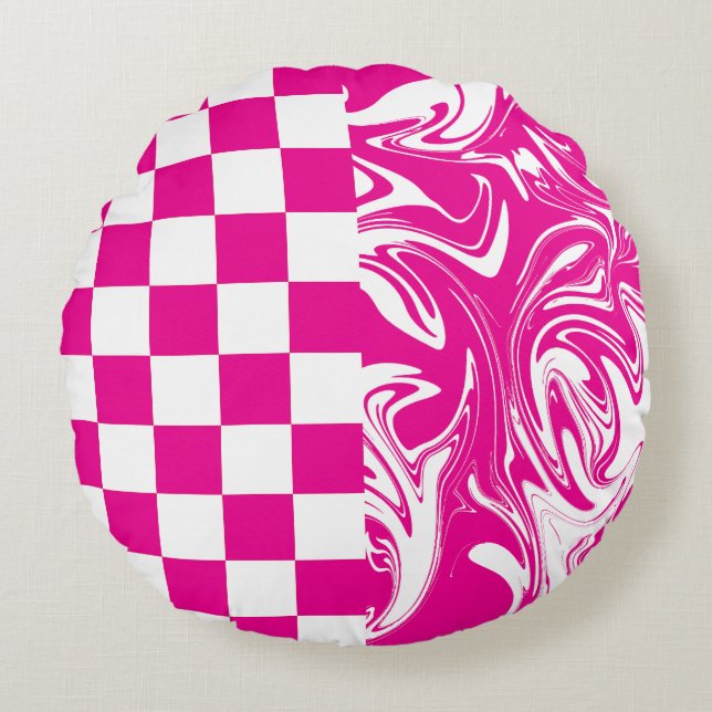 Kontroller och kontroller i Magenta och vitt Rund Kudde (Framsidan)