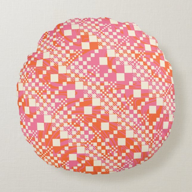 Kontroller - Rosa, Orange och grädde Rund Kudde (Framsidan)
